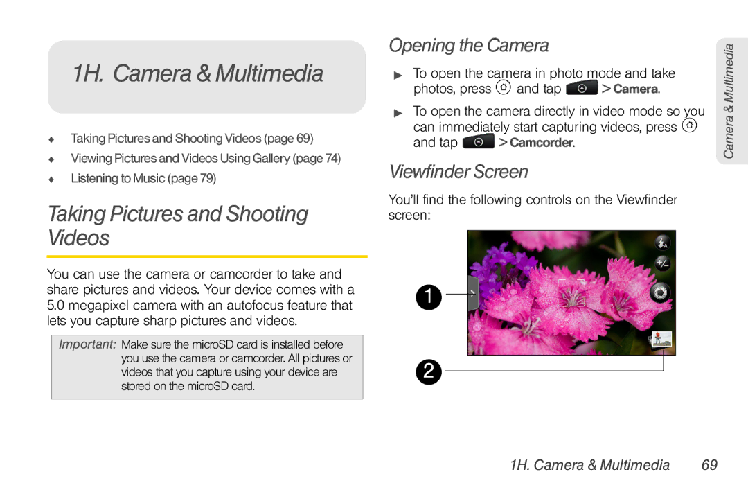 HTC EVO Shift 4G manual 1H. Camera & Multimedia, Taking Pictures and Shooting Videos, Opening the Camera, Viewfinder Screen 