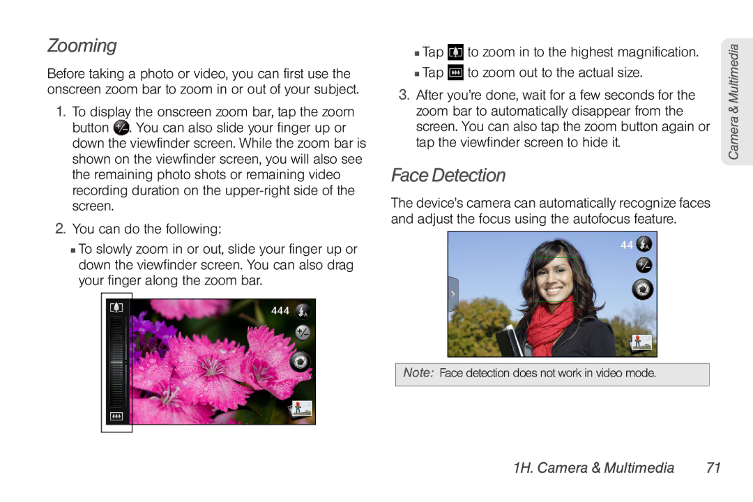 HTC EVO Shift 4G, PG06100 manual Zooming, Face Detection 