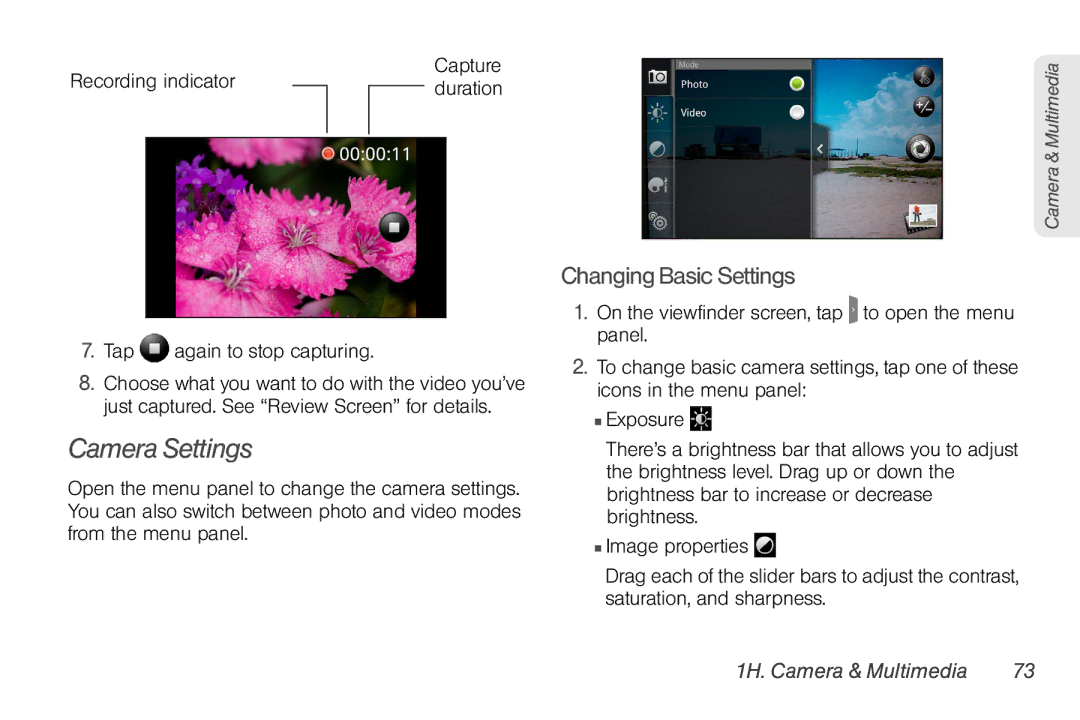 HTC EVO Shift 4G, PG06100 manual Camera Settings, Changing Basic Settings, Recording indicator, Tap again to stop capturing 