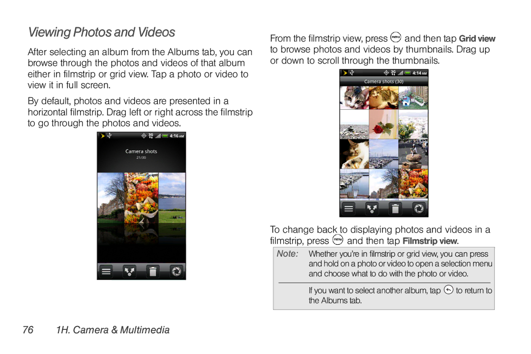 HTC PG06100, EVO Shift 4G manual Viewing Photos and Videos, 76 1H. Camera & Multimedia 