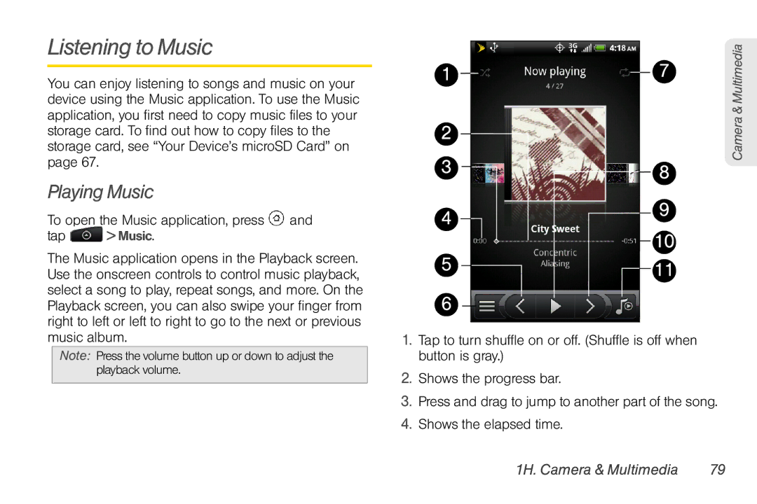 HTC EVO Shift 4G, PG06100 manual Listening to Music, Playing Music, Shows the elapsed time 