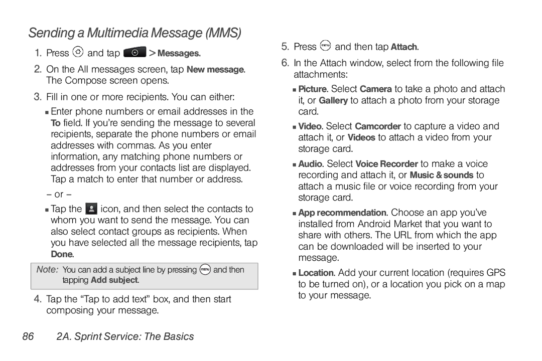 HTC PG06100, EVO Shift 4G manual Sending a Multimedia Message MMS, 86 2A. Sprint Service The Basics 