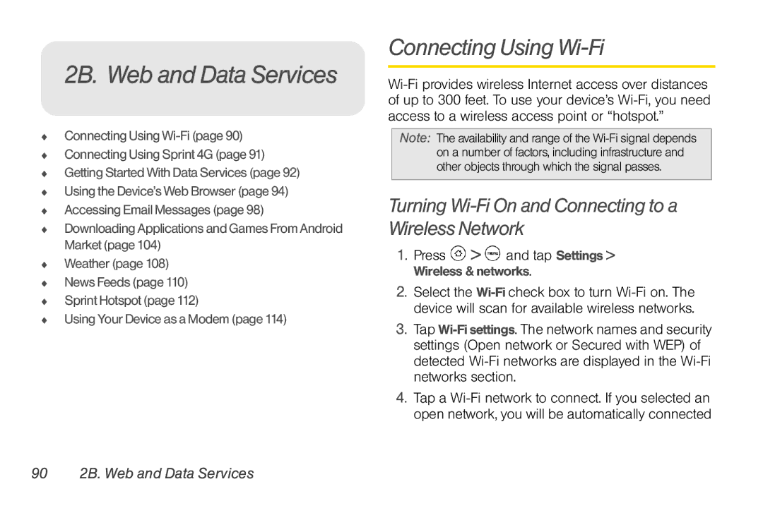 HTC PG06100 manual 2B. Web and Data Services, Connecting Using Wi-Fi, Turning Wi-Fi On and Connecting to a Wireless Network 