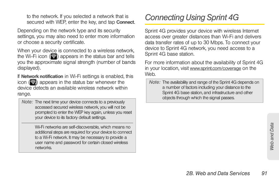 HTC EVO Shift 4G, PG06100 manual Connecting Using Sprint 4G, 2B. Web and Data Services 