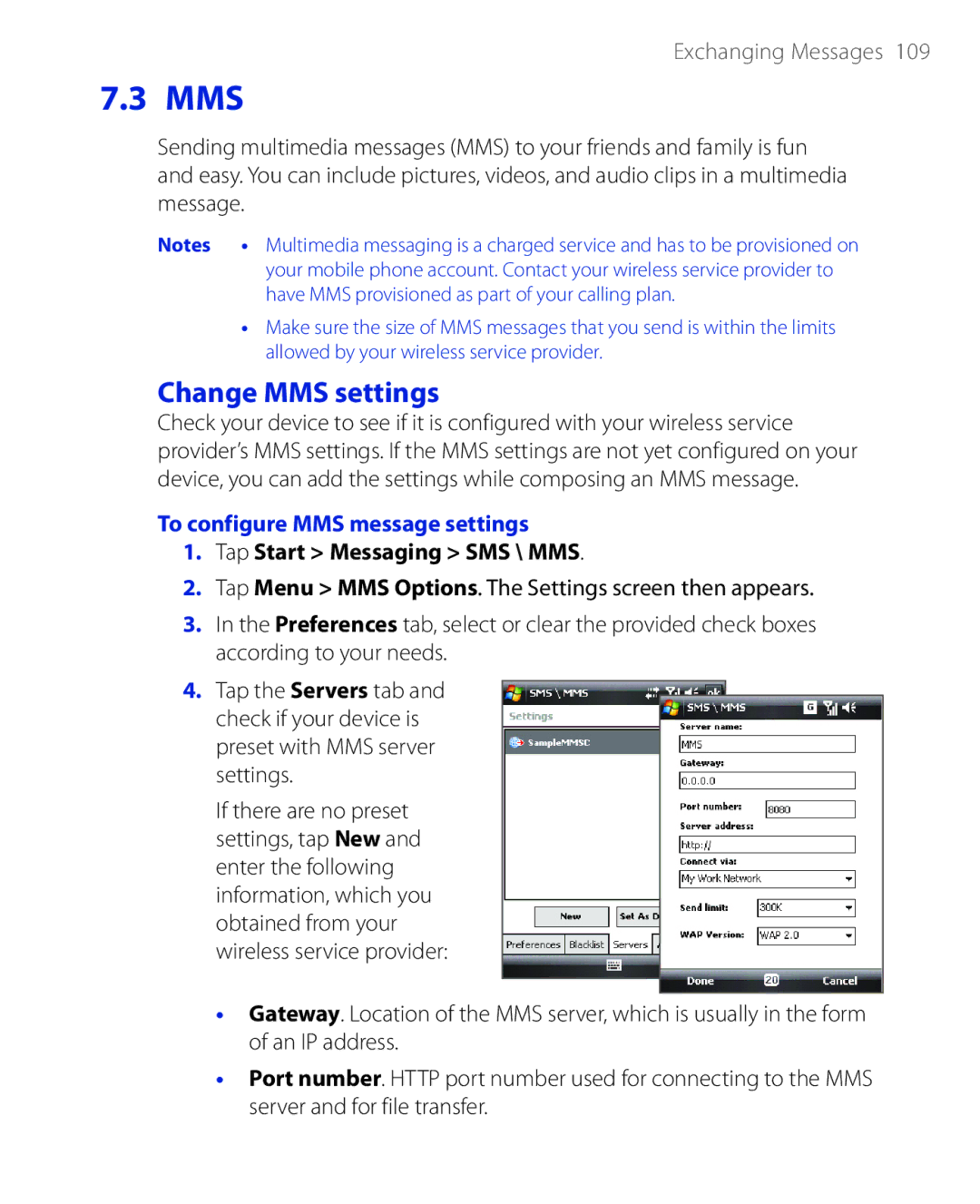 HTC PHAR100 user manual Change MMS settings, To configure MMS message settings 