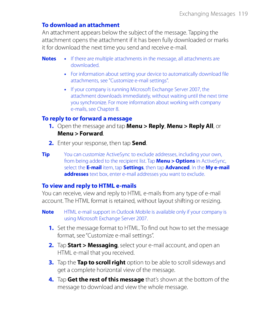 HTC PHAR100 user manual To download an attachment, To reply to or forward a message, To view and reply to Html e-mails 