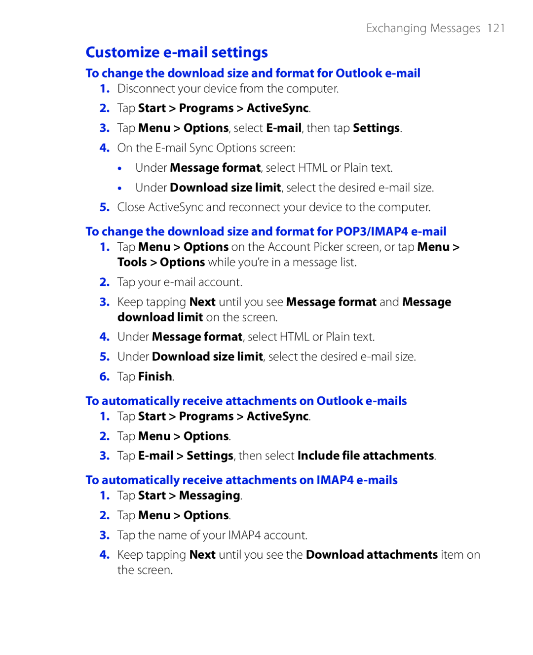 HTC PHAR100 user manual Customize e-mail settings, To change the download size and format for Outlook e-mail 