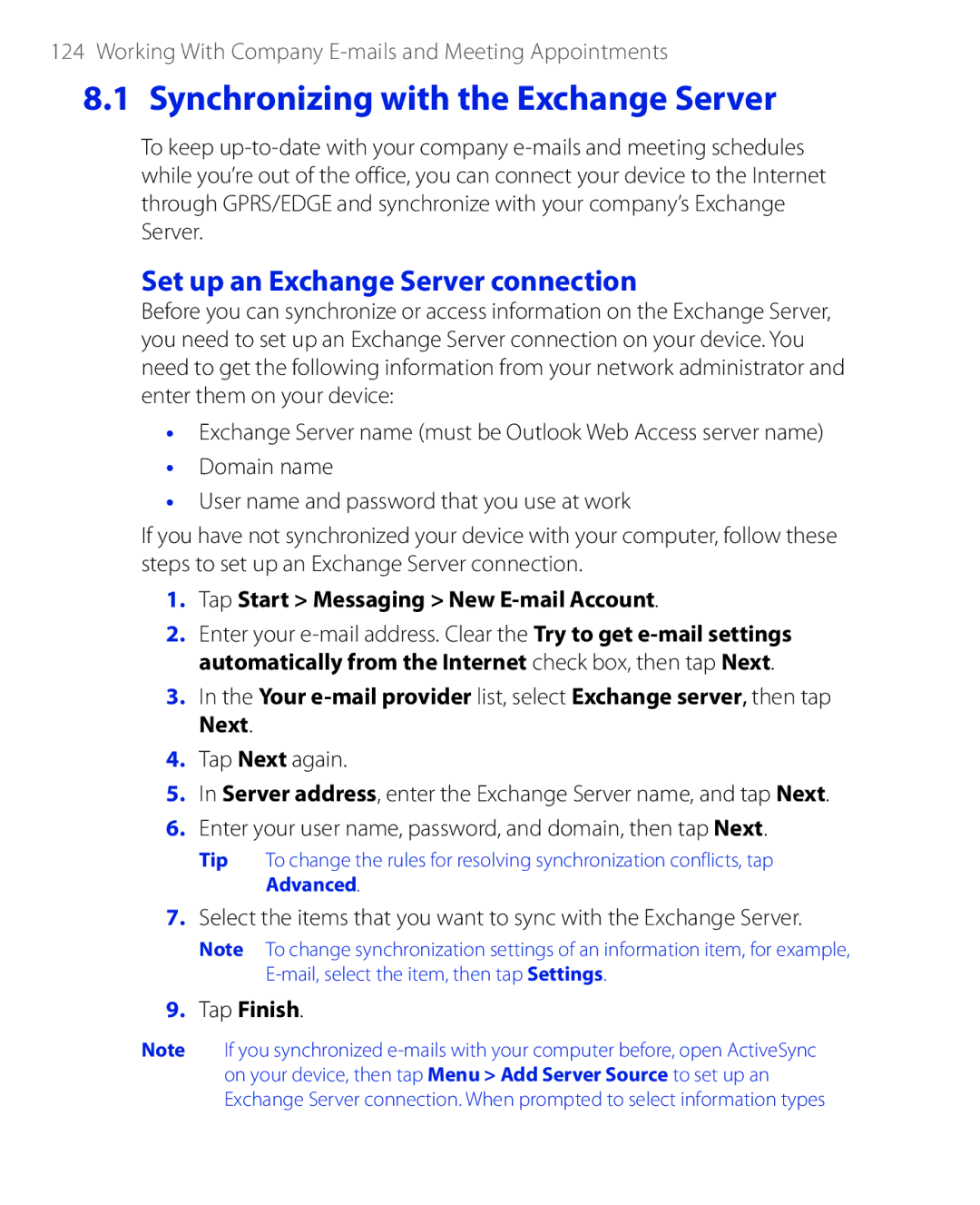 HTC PHAR100 user manual Synchronizing with the Exchange Server, Set up an Exchange Server connection 