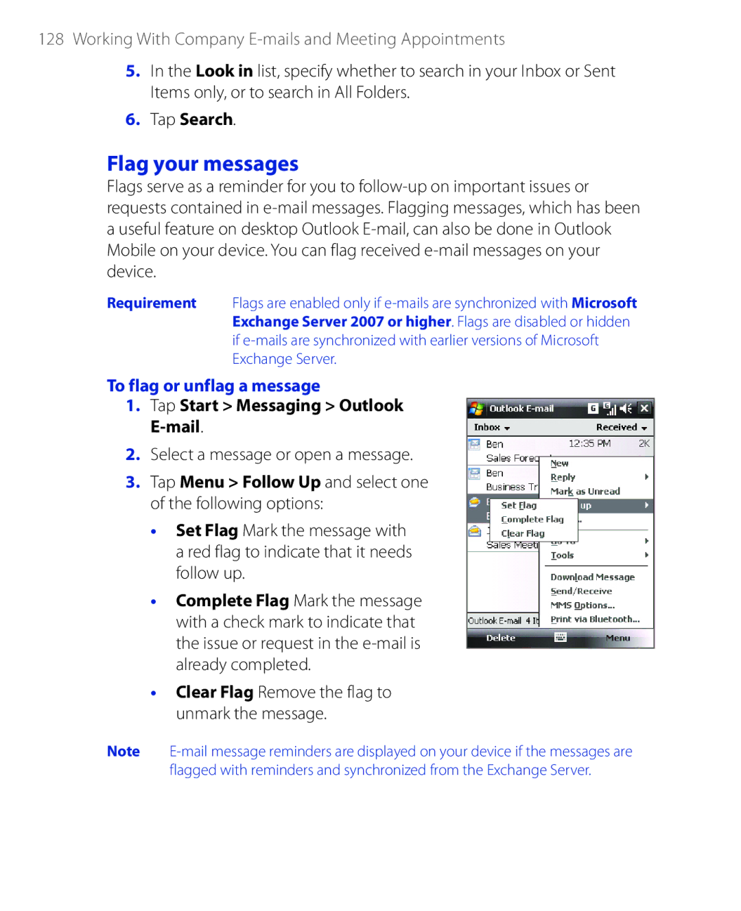 HTC PHAR100 user manual Flag your messages, Tap Search, To flag or unflag a message 