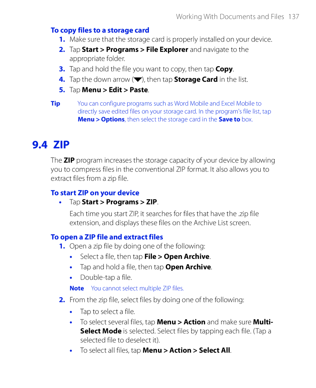 HTC PHAR100 To copy files to a storage card, Tap Menu Edit Paste, To start ZIP on your device, Tap Start Programs ZIP 