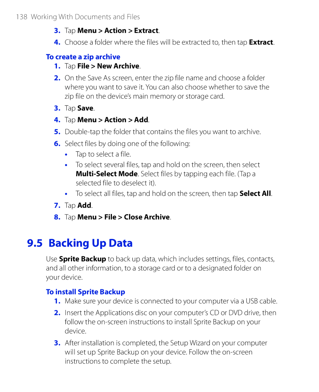 HTC PHAR100 user manual To create a zip archive, To install Sprite Backup 