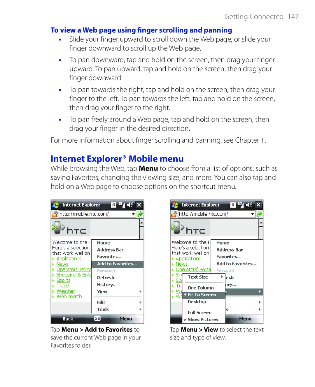 HTC PHAR100 user manual Internet Explorer Mobile menu, To view a Web page using finger scrolling and panning 