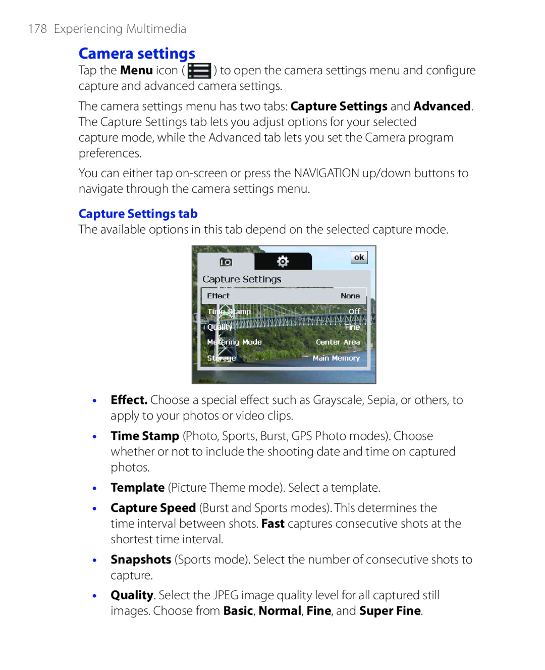 HTC PHAR100 user manual Camera settings, Capture Settings tab 