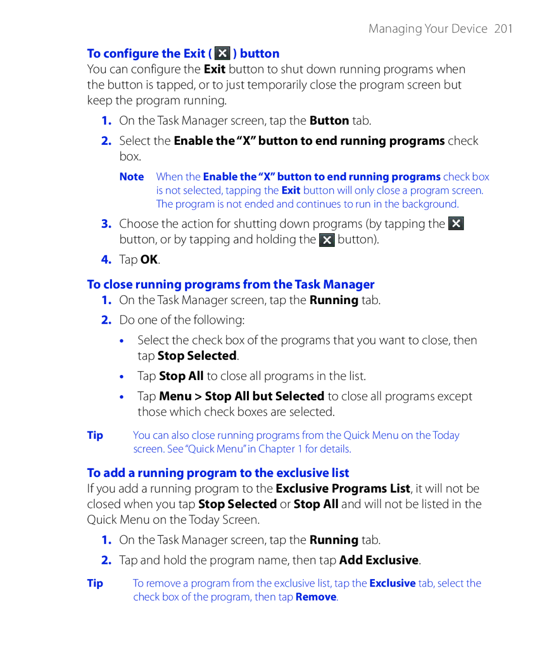 HTC PHAR100 user manual To configure the Exit button, To close running programs from the Task Manager 