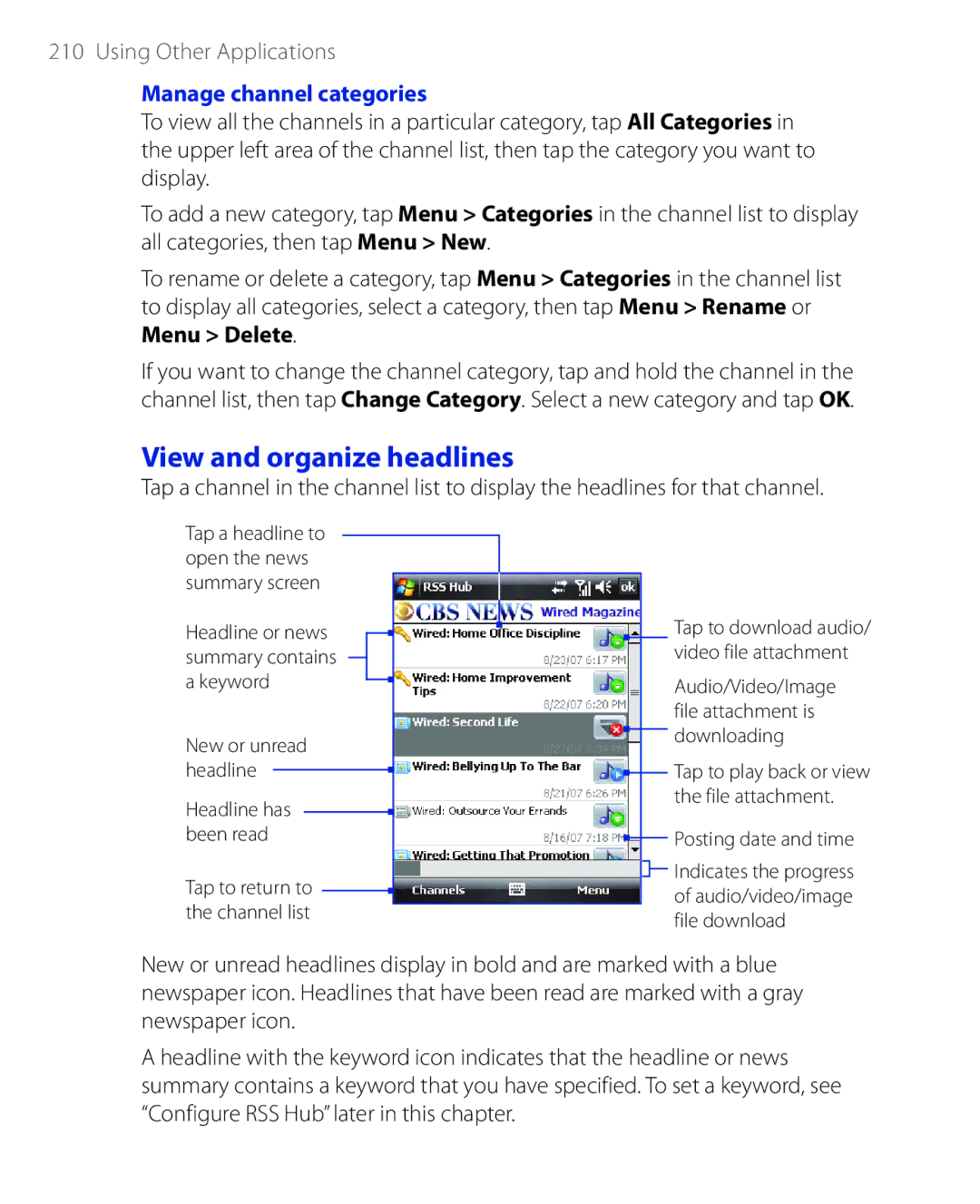 HTC PHAR100 user manual View and organize headlines, Manage channel categories 