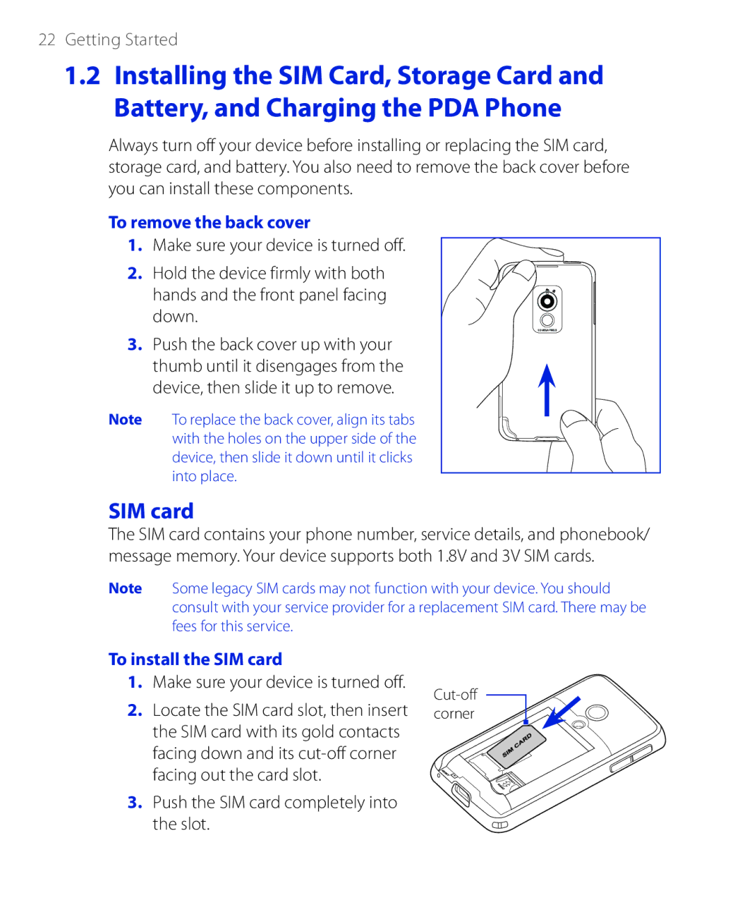 HTC PHAR100 user manual To remove the back cover, To install the SIM card, Push the SIM card completely into the slot 