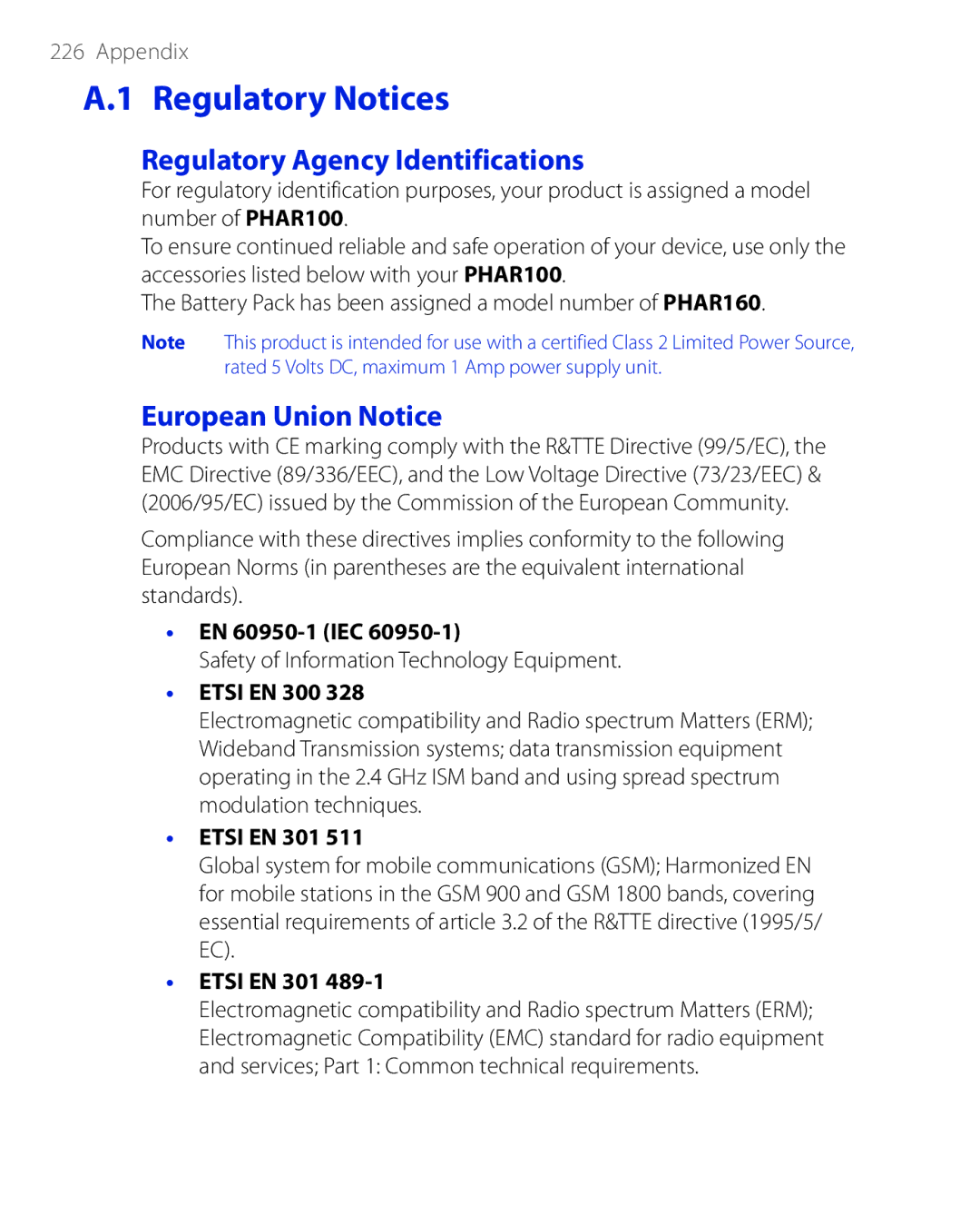 HTC PHAR100 user manual Regulatory Notices, Regulatory Agency Identifications, European Union Notice 