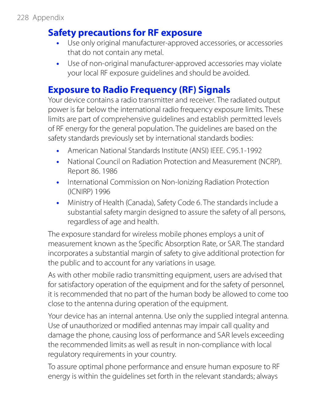 HTC PHAR100 user manual Safety precautions for RF exposure, Exposure to Radio Frequency RF Signals 