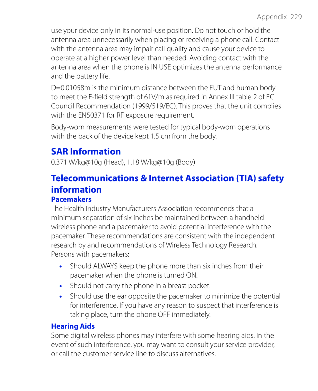 HTC PHAR100 user manual SAR Information, 371 W/kg@10g Head, 1.18 W/kg@10g Body, Pacemakers, Hearing Aids 