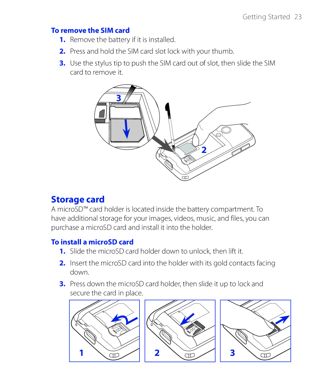 HTC PHAR100 user manual Storage card, To remove the SIM card, To install a microSD card 