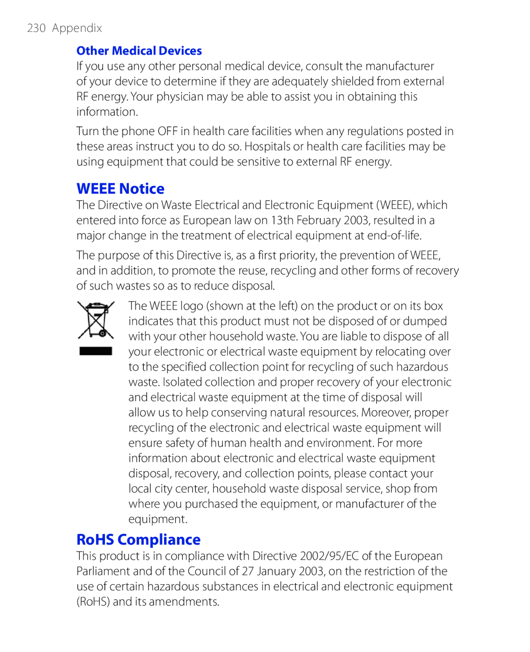 HTC PHAR100 user manual Weee Notice, RoHS Compliance, Other Medical Devices 