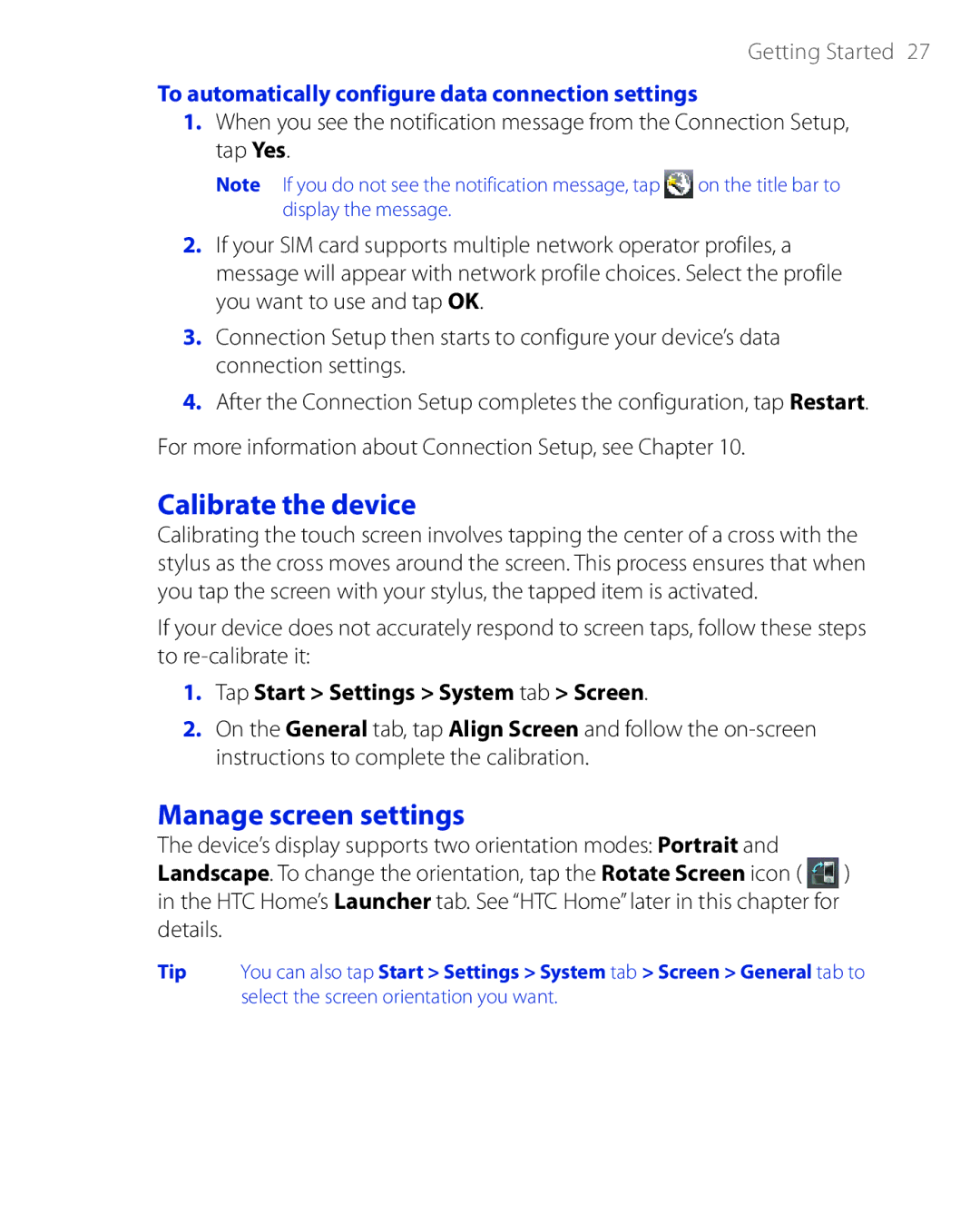 HTC PHAR100 user manual Calibrate the device, Manage screen settings, To automatically configure data connection settings 