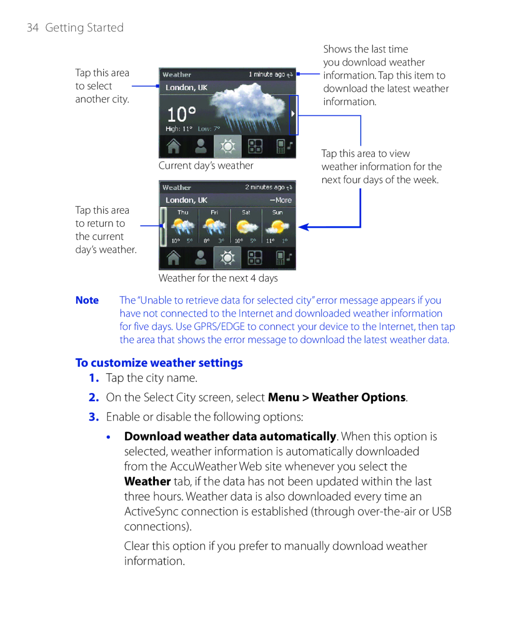 HTC PHAR100 user manual To customize weather settings 