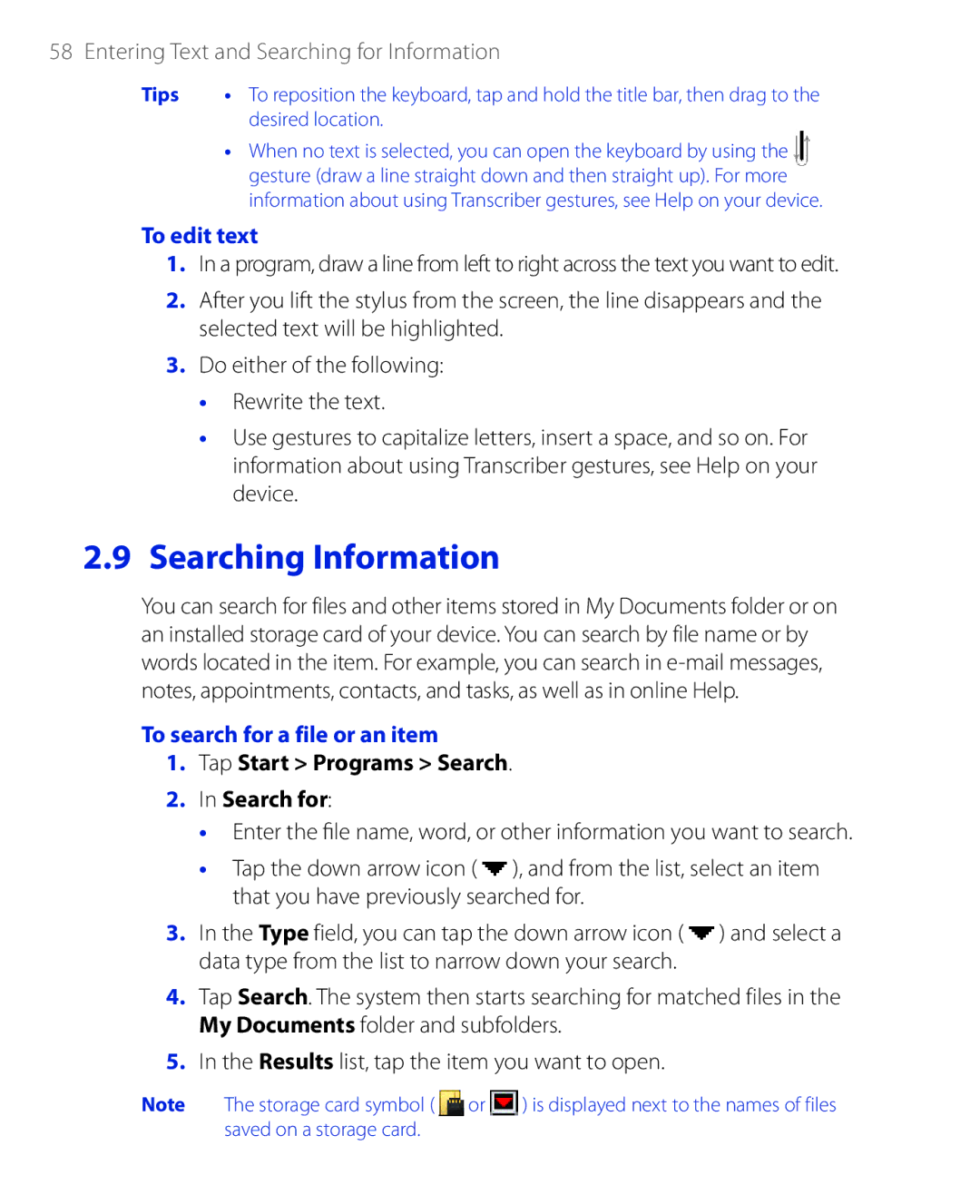 HTC PHAR100 user manual To edit text, To search for a file or an item, Tap Start Programs Search Search for 