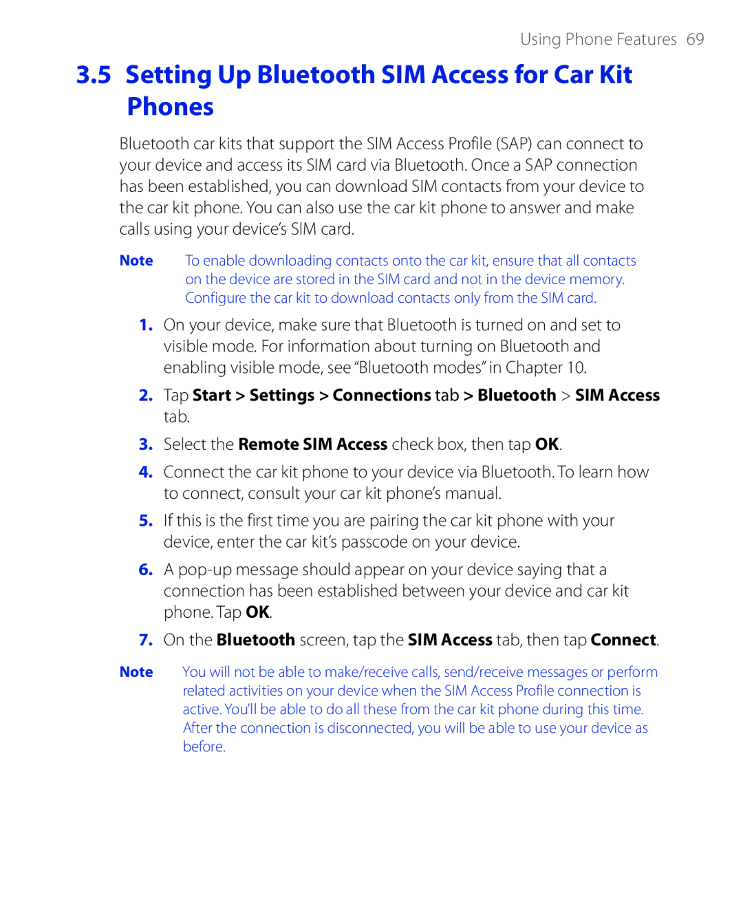 HTC PHAR100 user manual Setting Up Bluetooth SIM Access for Car Kit Phones 