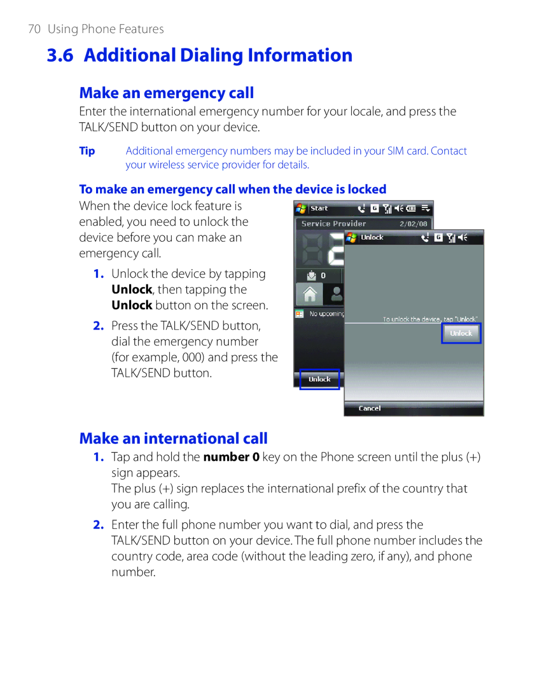 HTC PHAR100 Make an emergency call, Make an international call, To make an emergency call when the device is locked 