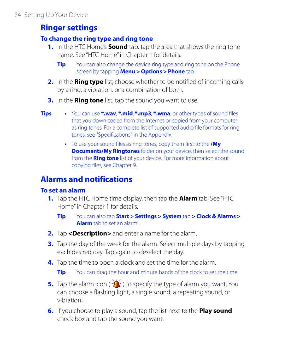 HTC PHAR100 user manual Ringer settings, Alarms and notifications, To change the ring type and ring tone, To set an alarm 