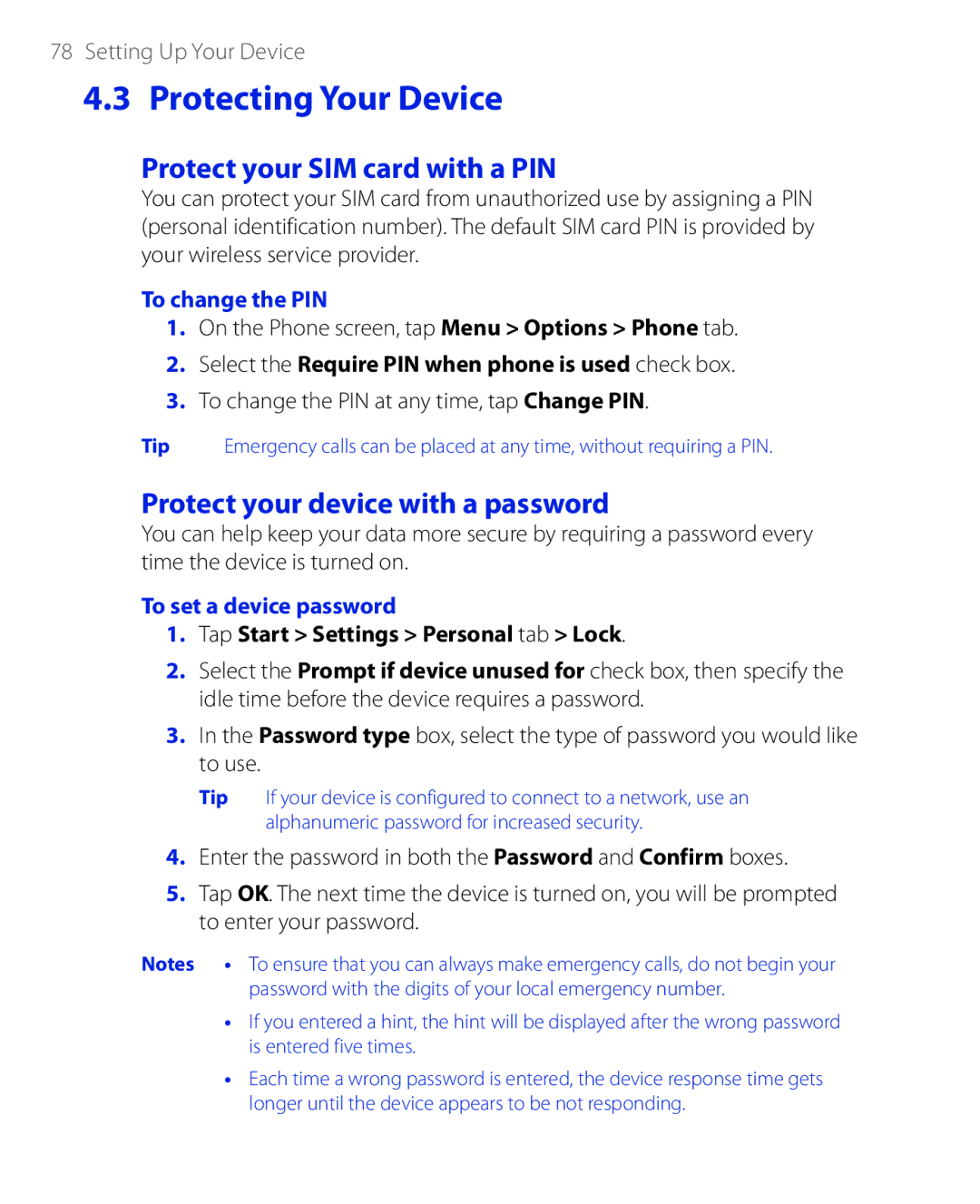 HTC PHAR100 user manual Protect your SIM card with a PIN, Protect your device with a password, To change the PIN 