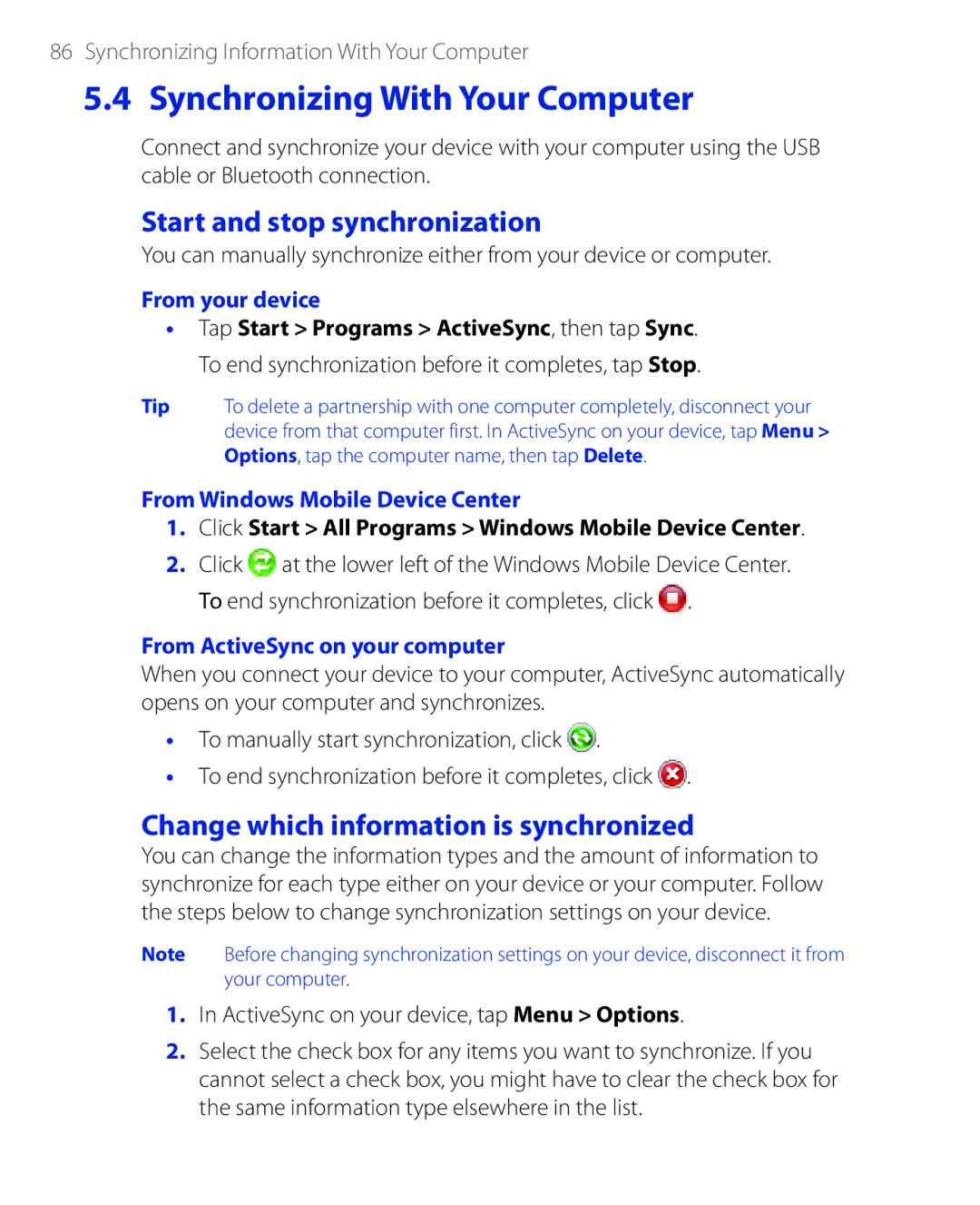 HTC PHAR100 user manual Start and stop synchronization, Change which information is synchronized, From your device 