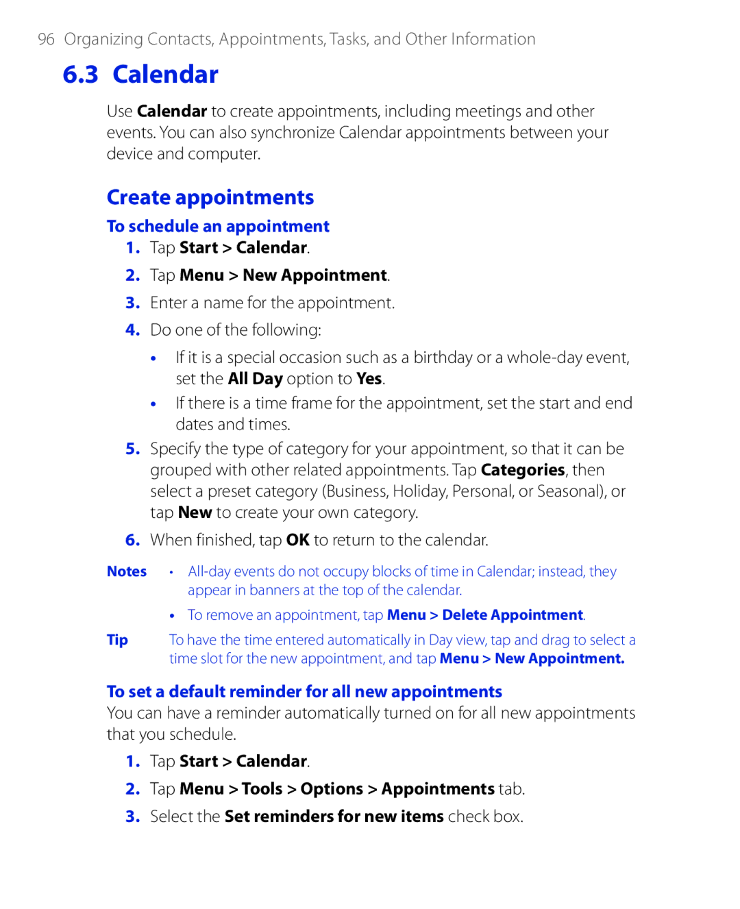 HTC PHAR100 user manual Create appointments, To schedule an appointment, Tap Start Calendar Tap Menu New Appointment 