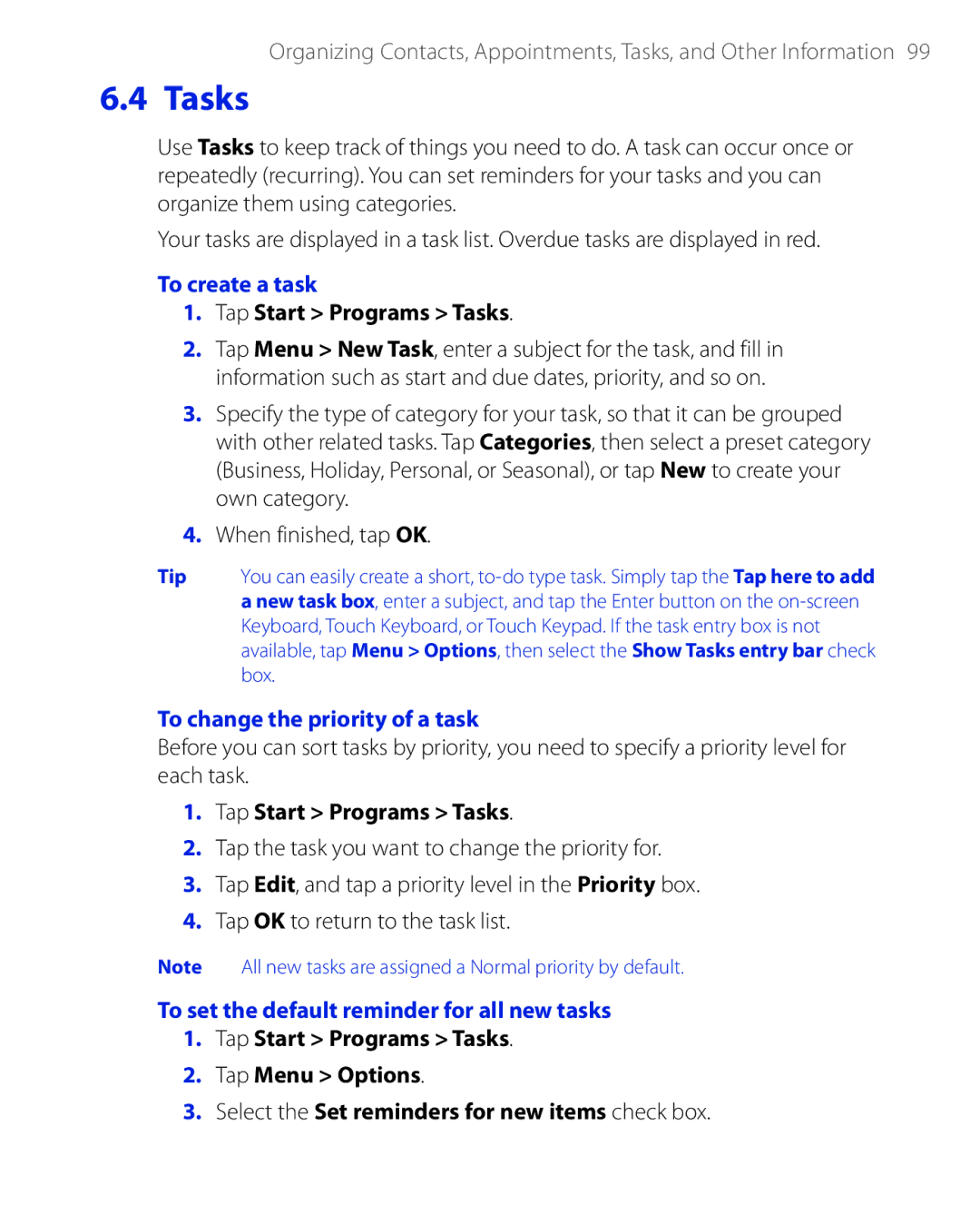 HTC PHAR100 user manual To create a task, Tap Start Programs Tasks, To change the priority of a task 