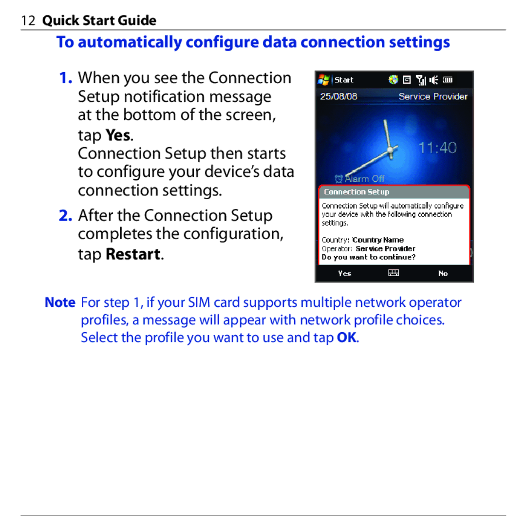 HTC PHAR160 quick start To automatically configure data connection settings 