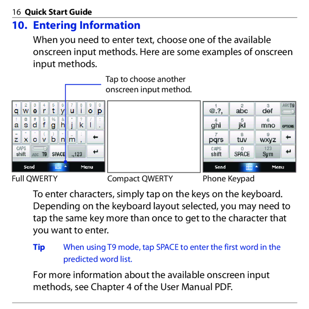 HTC PHAR160 quick start Entering Information 