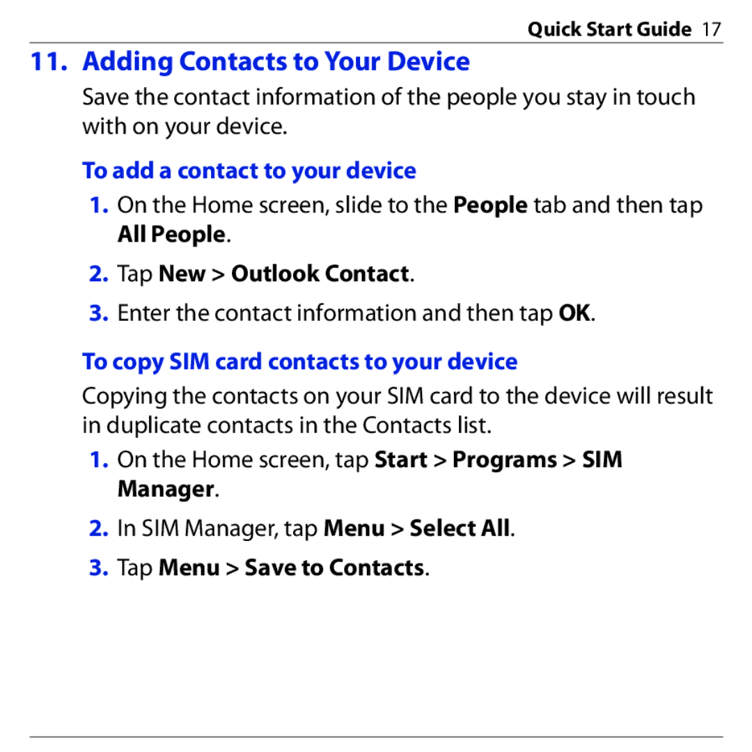 HTC PHAR160 Adding Contacts to Your Device, To add a contact to your device, To copy SIM card contacts to your device 