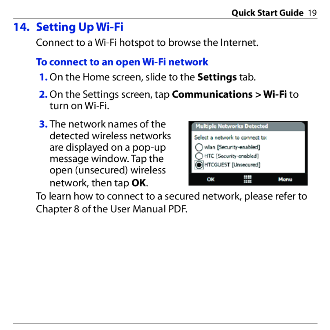 HTC PHAR160 quick start Setting Up Wi-Fi, To connect to an open Wi-Fi network 