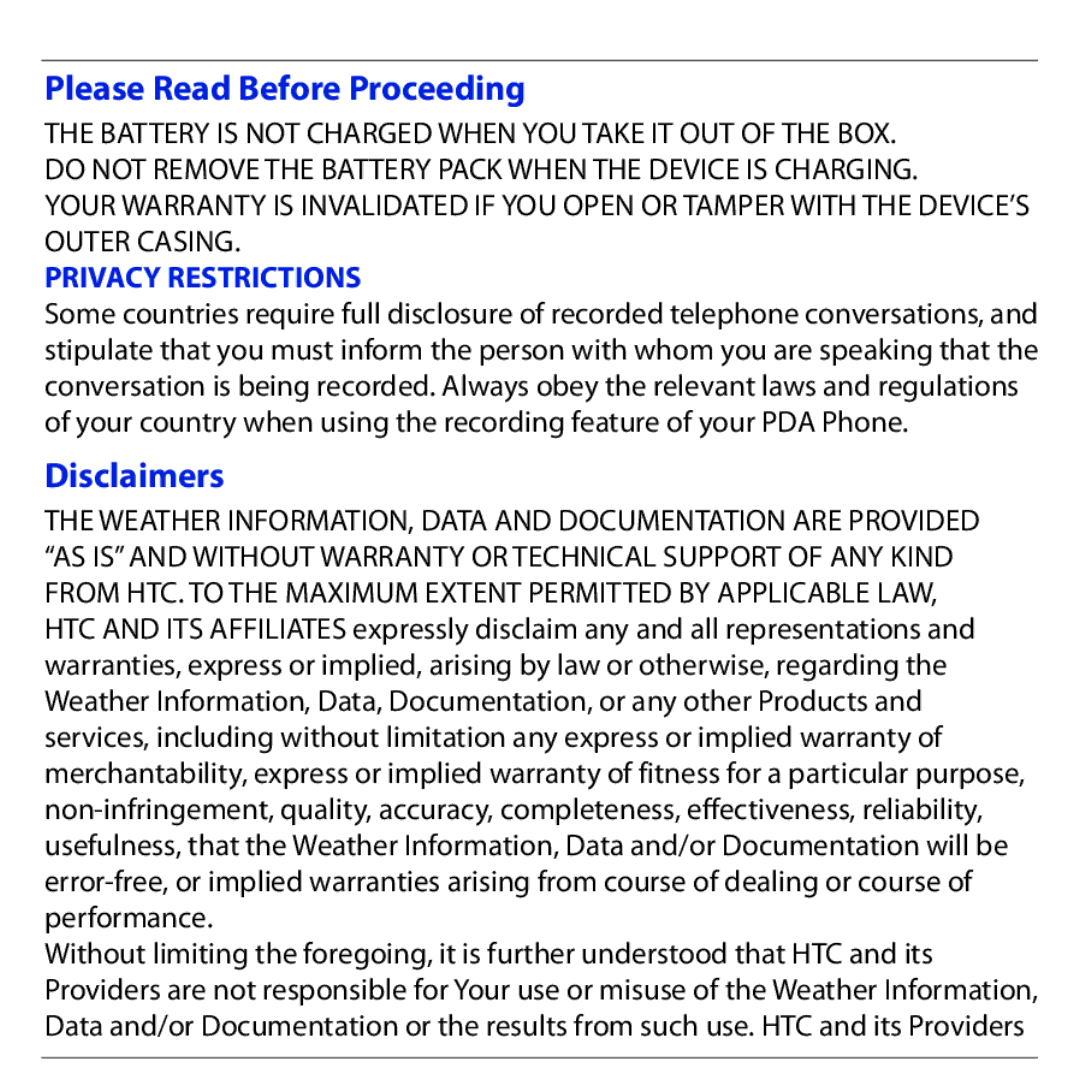 HTC PHAR160 quick start Please Read Before Proceeding, Disclaimers 
