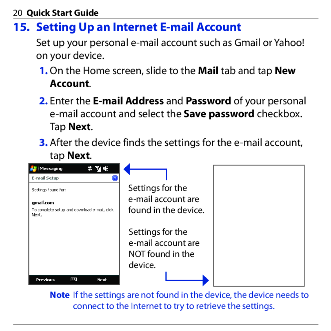 HTC PHAR160 quick start Setting Up an Internet E-mail Account 