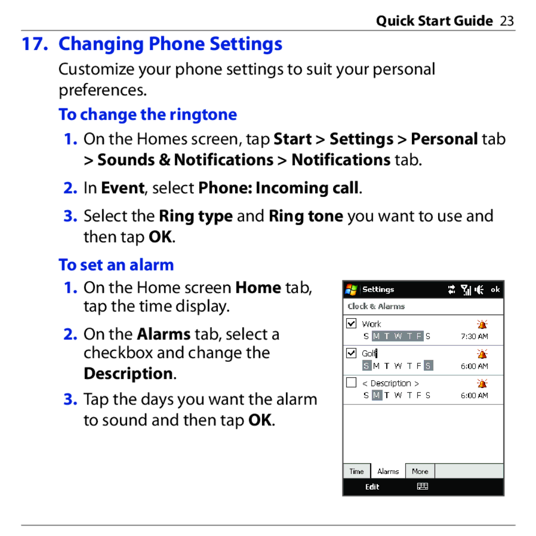 HTC PHAR160 quick start Changing Phone Settings, To change the ringtone, To set an alarm 