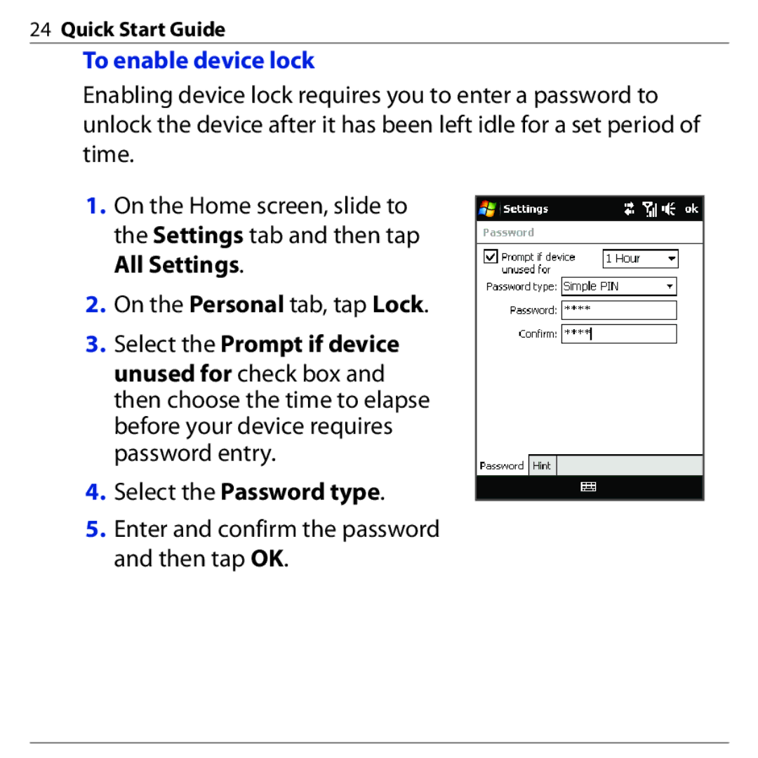 HTC PHAR160 quick start To enable device lock 