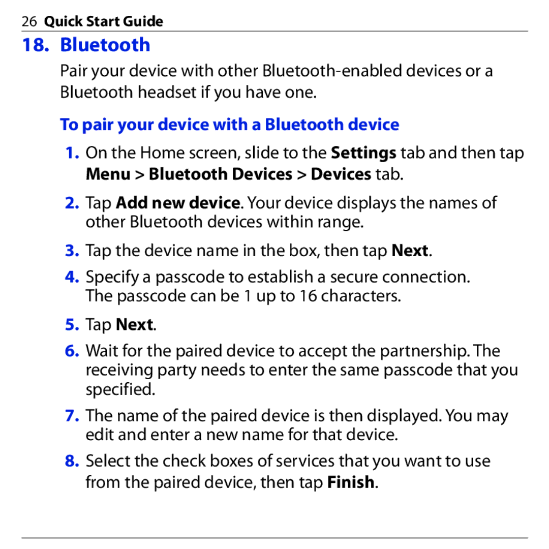 HTC PHAR160 quick start To pair your device with a Bluetooth device 