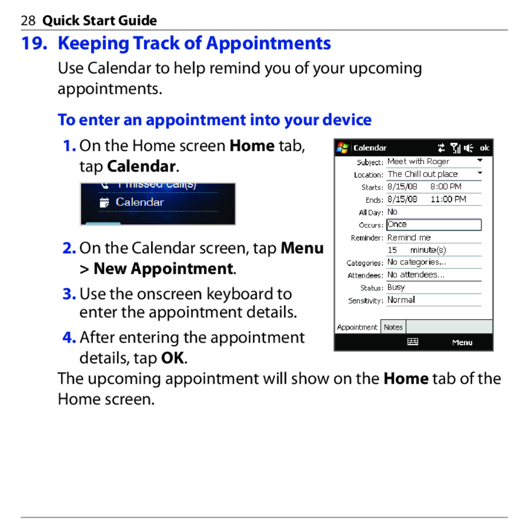 HTC PHAR160 quick start Keeping Track of Appointments, To enter an appointment into your device 