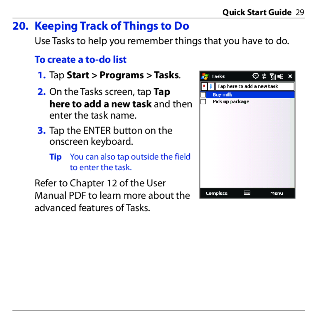 HTC PHAR160 quick start Keeping Track of Things to Do, To create a to-do list 