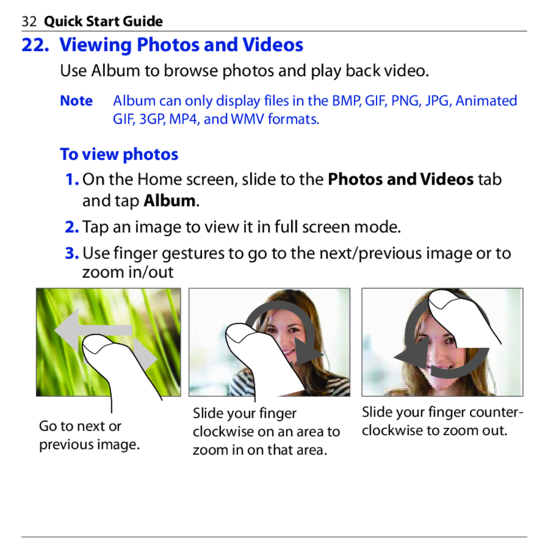 HTC PHAR160 quick start Viewing Photos and Videos, To view photos 