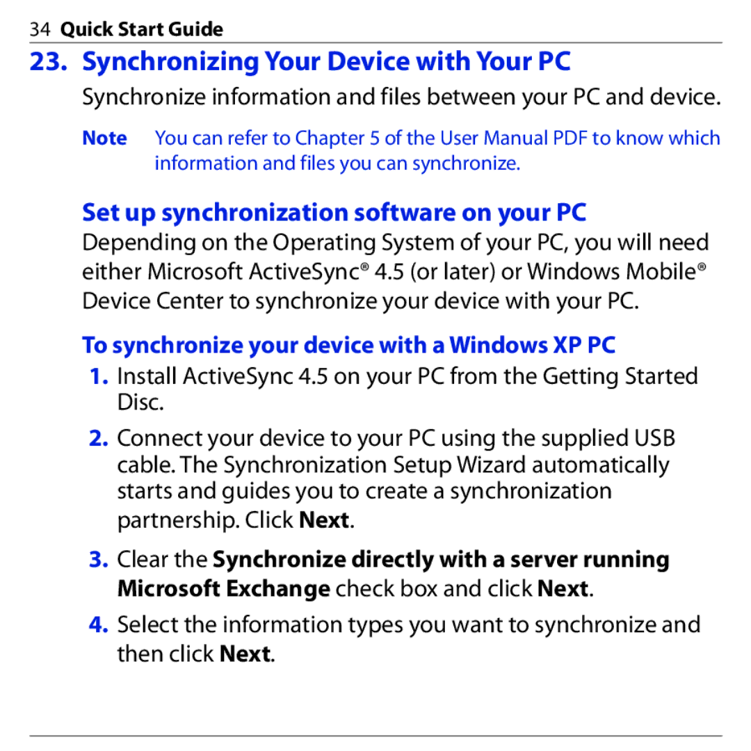 HTC PHAR160 quick start Synchronizing Your Device with Your PC, To synchronize your device with a Windows XP PC 