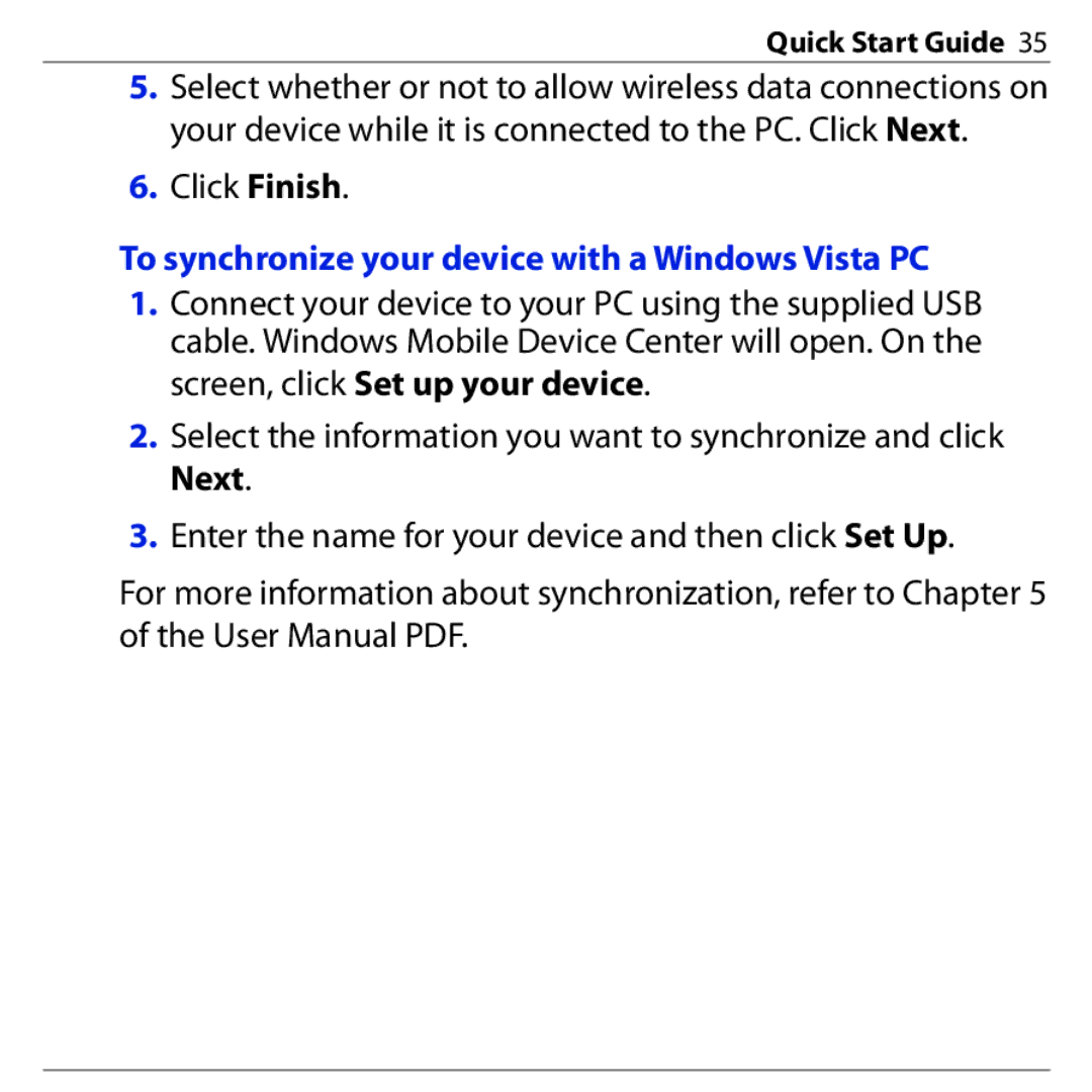 HTC PHAR160 quick start To synchronize your device with a Windows Vista PC 