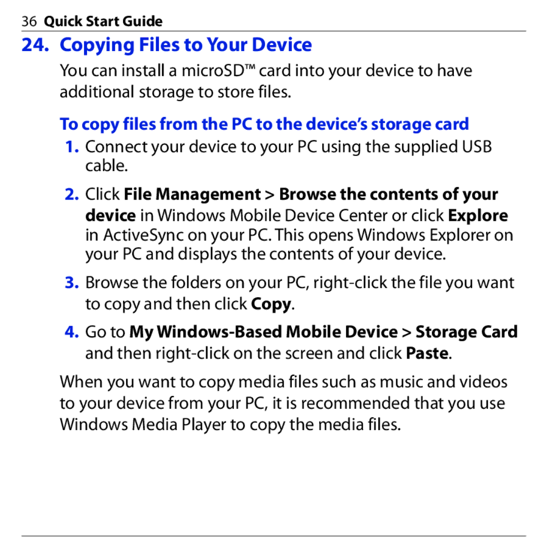 HTC PHAR160 quick start Copying Files to Your Device, To copy files from the PC to the device’s storage card 